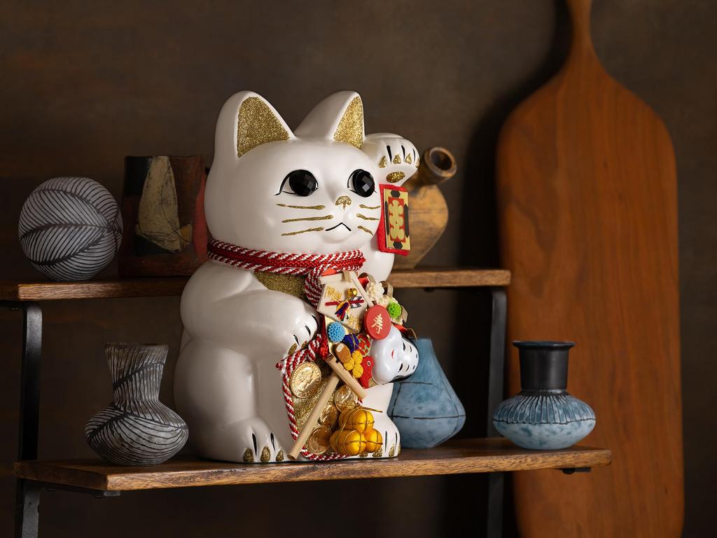 Счастливый кот Ацуме Левосторонний кот Счастливый кот Манеки Кот Счастливый фэн-шуй Орнамент Коробка для пожертвований Белый (L-SIZE Белый) Поднятый/Керамический_Lucky (fa_L