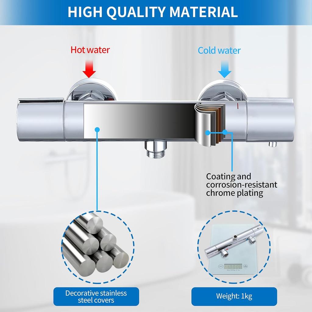 Душевой смеситель с термостатом - Смеситель для душа с термостатом и кнопкой безопасности 38°C, Хромированный смеситель для душа, Термостатический смеситель из нержавеющей стали