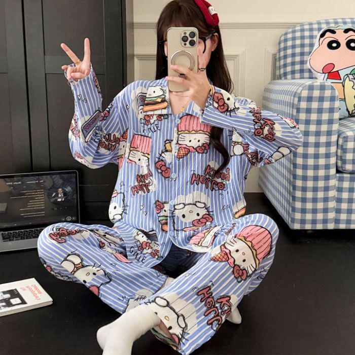 2025 Милый мультяшный женский пижамный комплект - Весенне-осенний кардиган с длинными рукавами и брюки