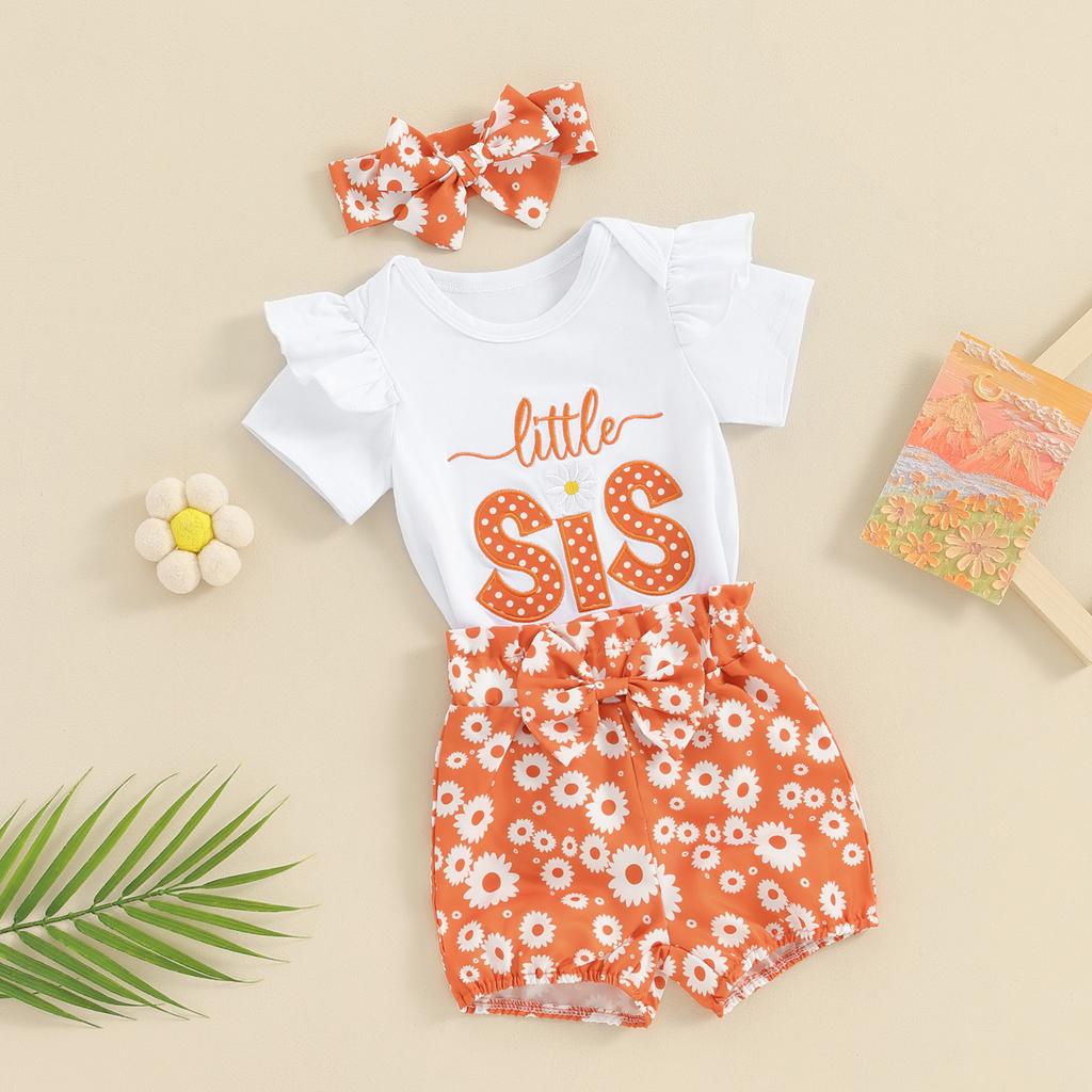 Baby Girl Summer Outfits Letter Embroidered Short Sleeve Rompers Floral Print Shorts Headband 3Pcs Clothes Set