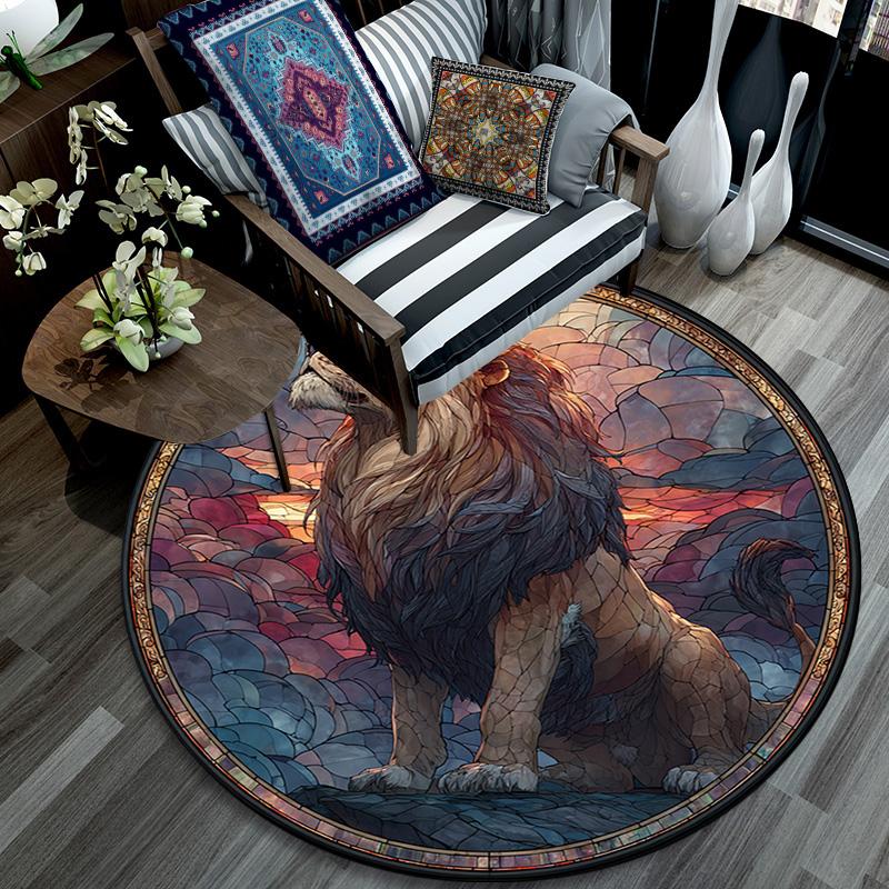 Lion Artwork Round Area Rug,Carpet Rug for Living Room Bedroom Sofa Playroom Decor,Non-slip Floor Mat