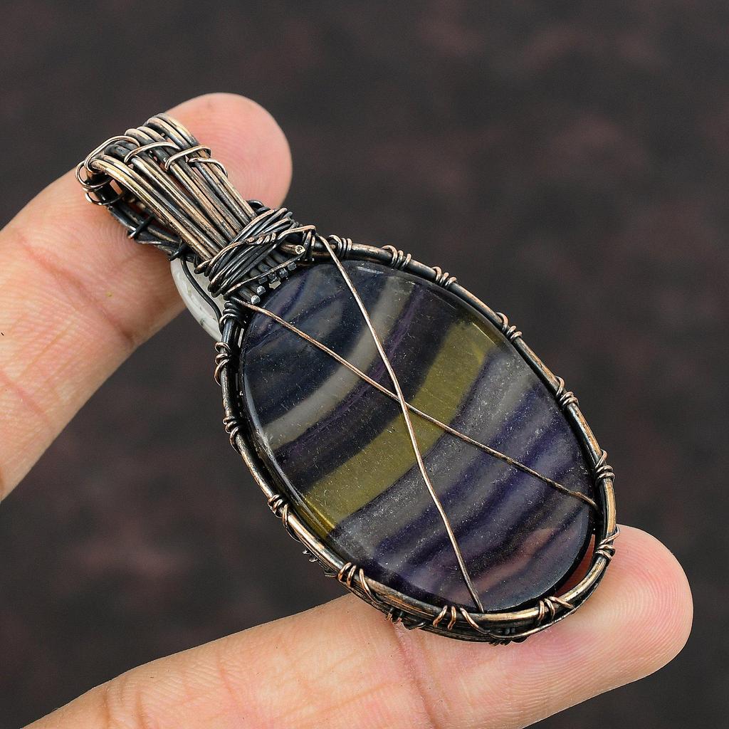 Multi Fluorite Pendant Copper Wire Wrapped Pendant Rainbow Moonstone Copper Jewelry Handmade Gemstone Jewelry Gift For Mom Wire Wrap Jewelry