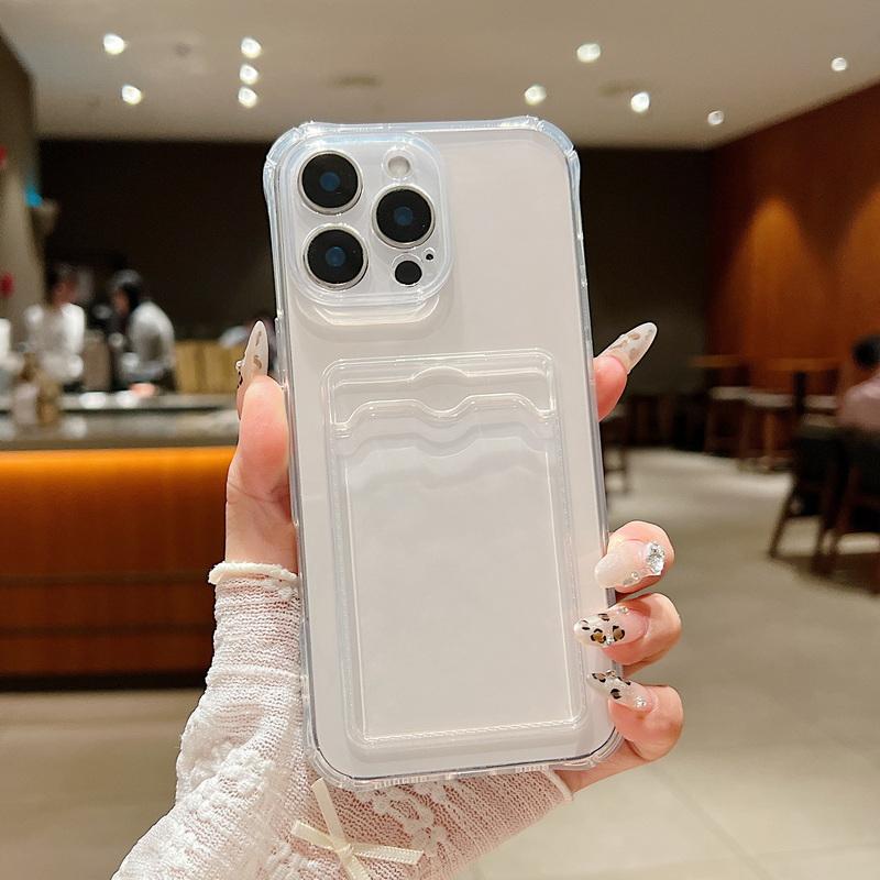 Card Bag Pocket Transparent TPU Phone Case For iPhone 16 15 14 13 12 Pro Max 16 Pro 11 Soft Shockproof Clear Silicone Back Cover
