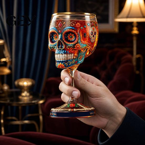 Gothic Skull Wine Chalice Glass, Hand Painted Skeleton Goblet, Day Halloween Glass Decoration of The Dead Decor, Unique Bar Gift for Themed