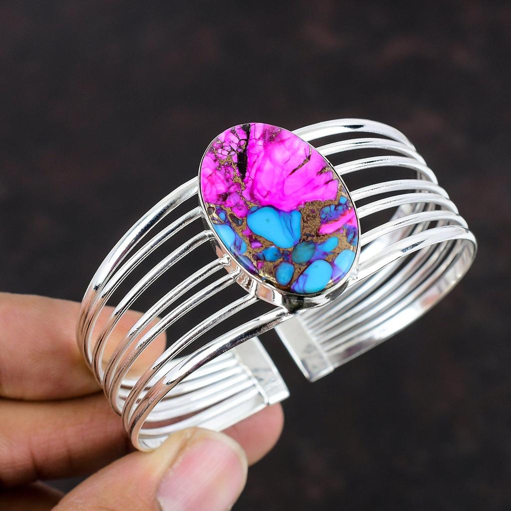 Natural Kingman Pink Dahlia Turquoise Bangle 925 Sterling Silver Adjustable Bangle Original Gemstone Jewelry Handmade Bracelet Gifts For Him