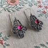 Vintage Minimalist Carved Geometric Red Crystal Ancient Silver Earrings