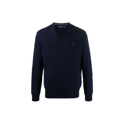 Polo FW21 V-образный вырез с логотипом, однотонный свитер с длинным рукавом, мужской свитер, темно-синий 710667377-002