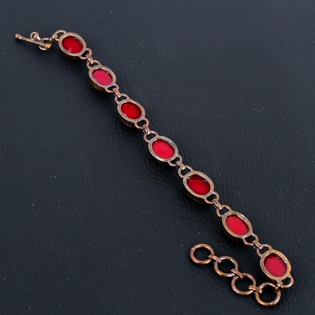 Red Coral Handmade Gemstone Bracelet, Copper Electroformed Bracelet Antique Jewelry, For Engagement Gift