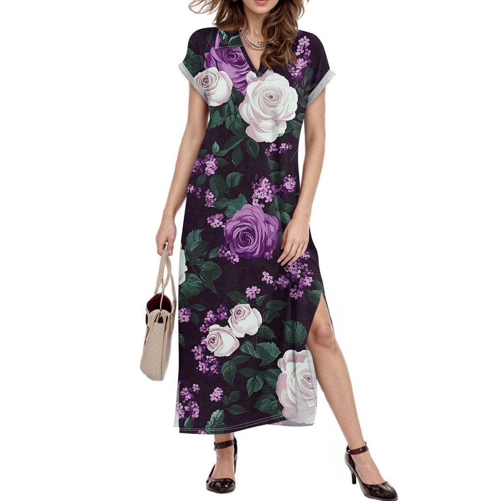 Женское платье макси с цветочным принтом, повседневное платье-рубашка с длинным рукавом и свободным разрезом, праздничное платье с коротким рукавом