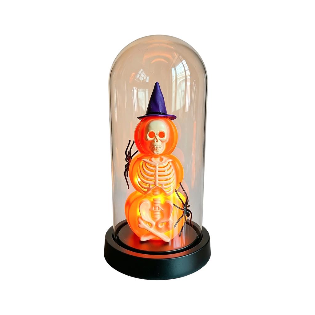 Halloween Skeleton Night Light Glass Pumpkin Lamp with Wooden Base for Bedroom Home Decor Gift