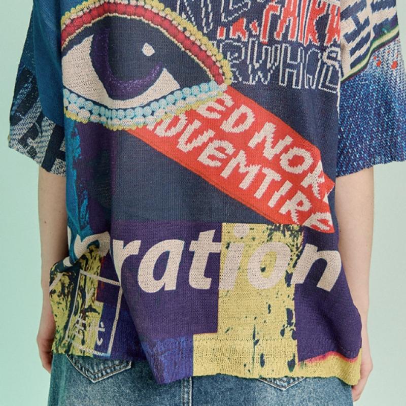 Maxza Pop Art Lettering Printing Loose Fit Round Neck Short Sleeve Knit Zd07qk002on