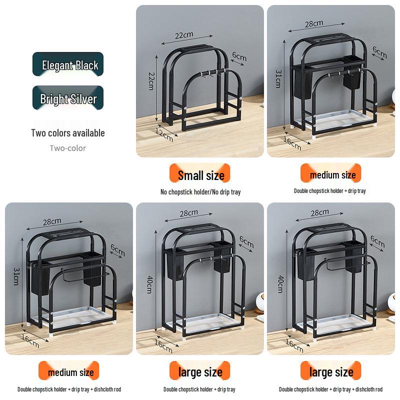 Держатель кухонной утвари из нержавеющей стали со встроенной разделочной доской и многофункциональным хранилищем для ножей и палочек для еды.