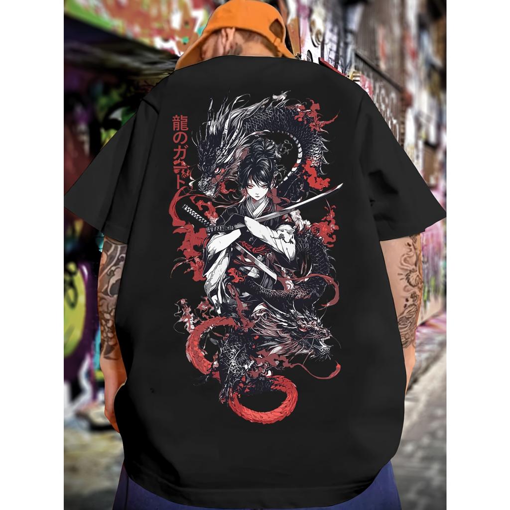Samurai Dragon Graphic Tshirt Unisex Unisex Harajuku Streetwear Aesthetic Tee Casual Cotton Short Sleeve Tops