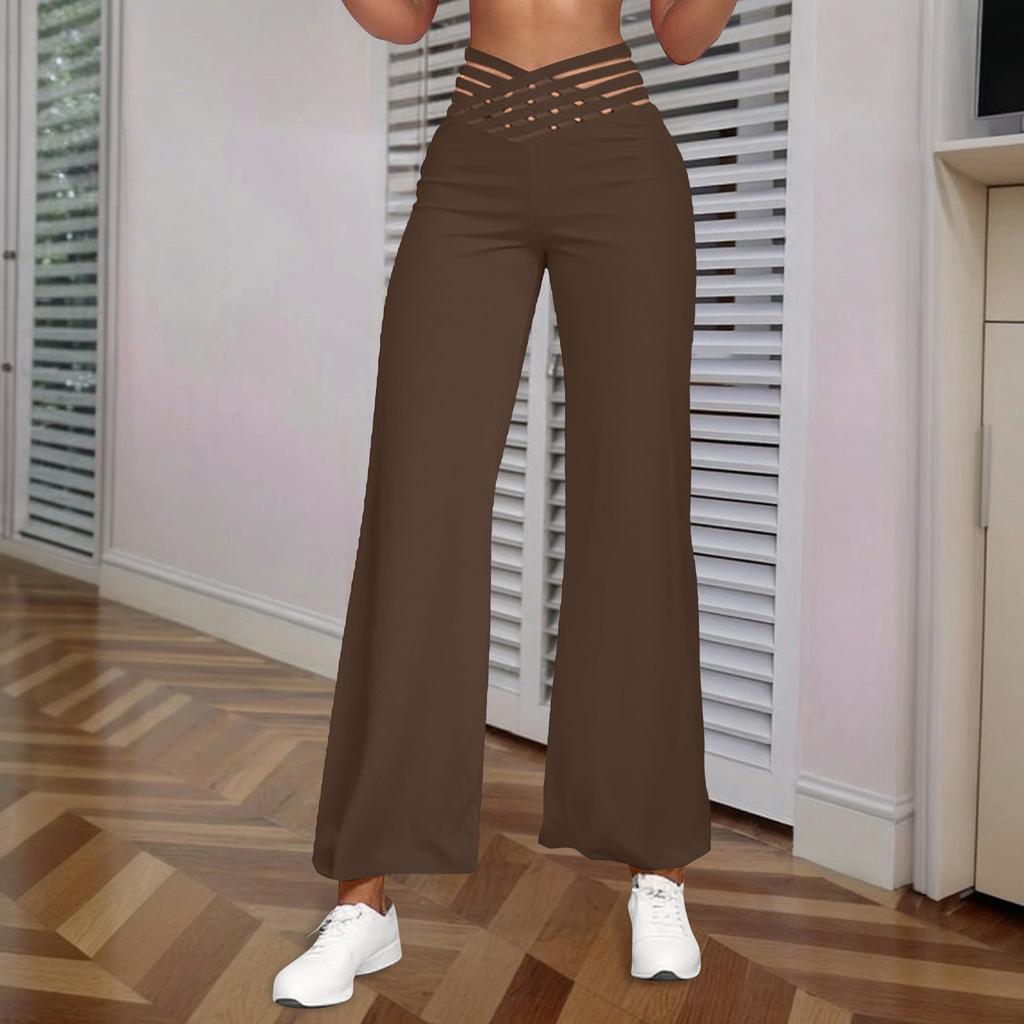 Women's Hollow Belt Trousers Temperament Flared Trousers High Waist Casual Wide Leg Pants