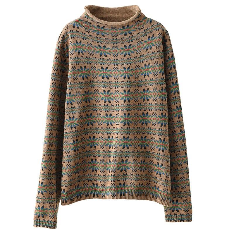 Женский винтажный свободный повседневный свитер с цветочным принтом, водолазка с длинными рукавами, зимний пуловер в китайском стиле