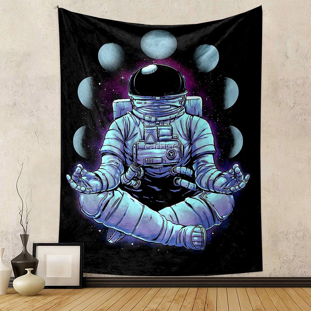 "Zen Astronaut with Cosmic Moons" Patterned tapestry home decor, suitable for bedroom and living room, gift