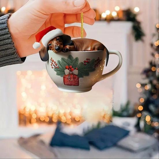Рождественское украшение такса Щенок в кружке Украшение на рождественскую елку 2D акрил Такса Подвесной декор Подарки для любителей собак