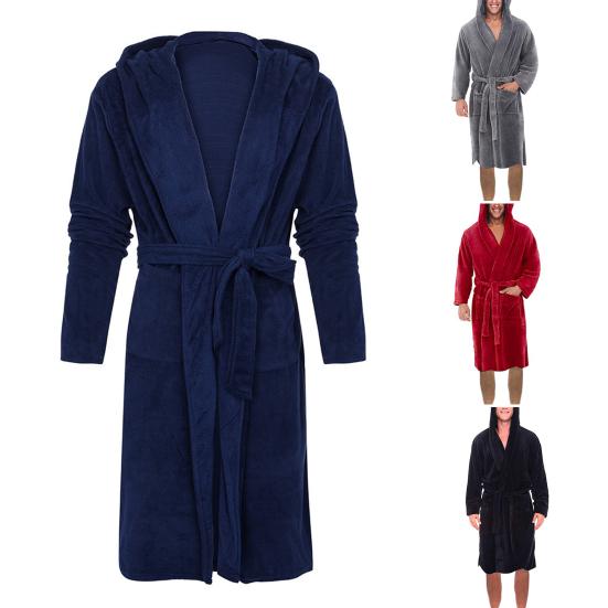 Long Sleeve Pocket Belt Solid Color Men Bathrobe Winter Warm Hooded Long Fleece