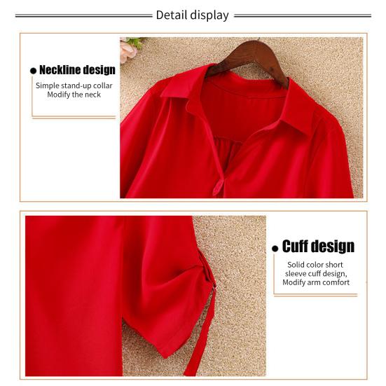 Женская рубашка с лацканами и половиной рукава, повседневные топы средней длины, сплошной цвет с талией, обтягивающая свободная шифоновая блузка, повседневная одежда