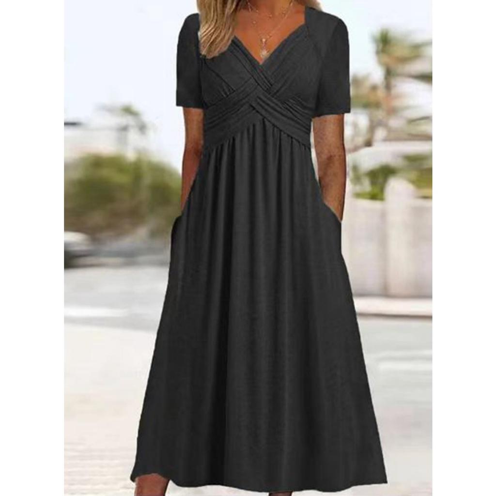 Fall New Women's Dress, Fashion Solid Color V-neck Short Sleeve Pocket Casual Dress for Women