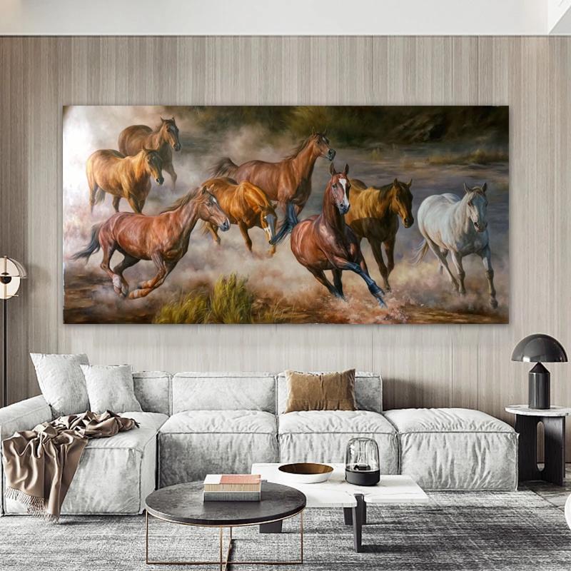 Лошади, картина маслом на холсте, восемь бегущих лошадей, печатные плакаты для гостиной, картина с животными, современный домашний декор, Куадрос