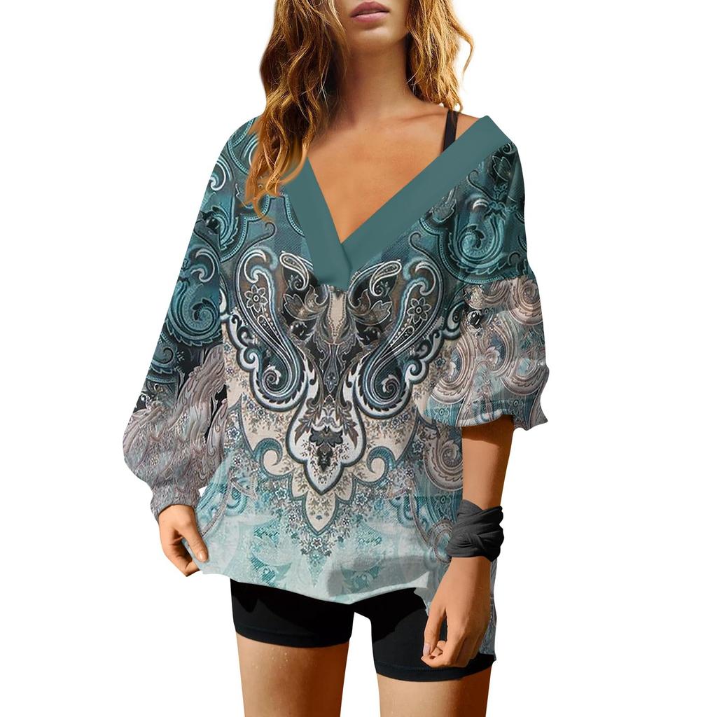 Женская мода ретро принтованный V-образный вырез длинный рукав свободный пуловер свитшот топ