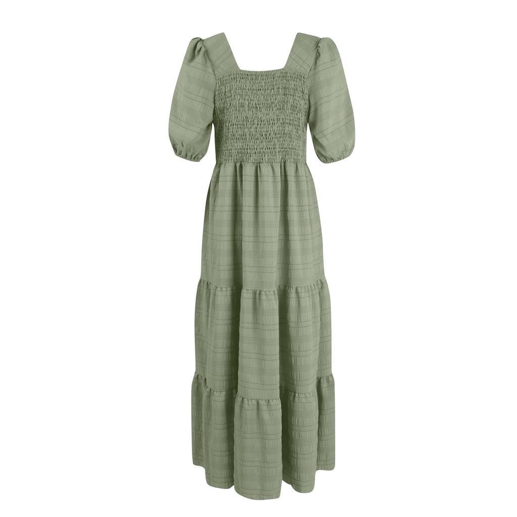 Women's Fashionable Solid Color Bubble Sleeve Square Neck Back Pleated Short Sleeved Pocket Dress