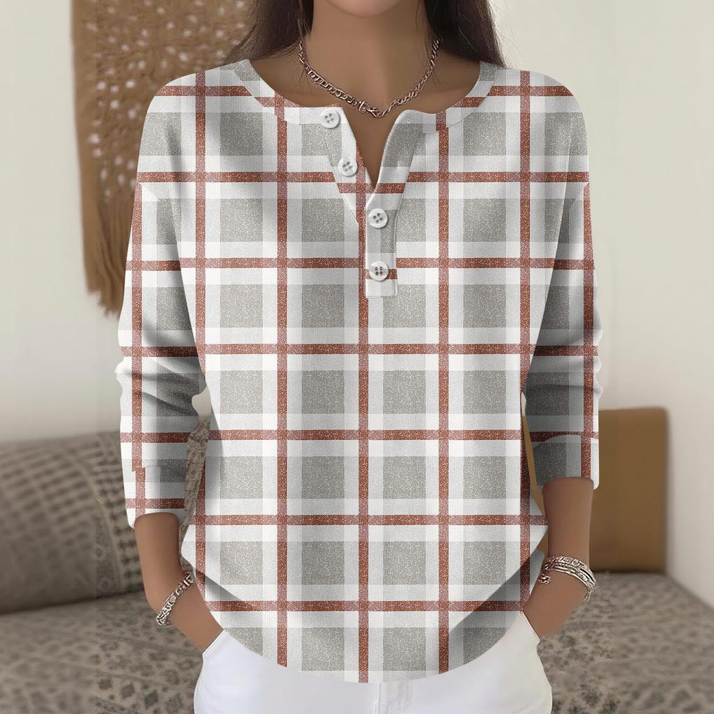 Women's Fashion Long Sleeve Plaid Geometric Print Top Elegant Casual Top