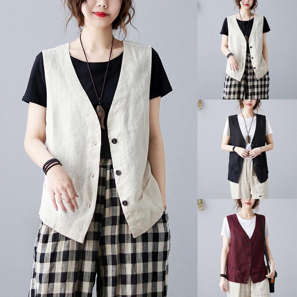 Retro Linen Vest For Women Loose And Versatile Sleeveless Casual Slim Vest Solid Color Waistcoat Cotton And Linen Short Jacket