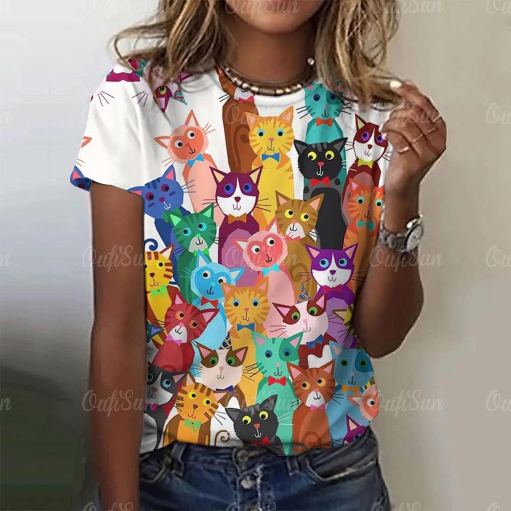 2025 Летняя женская футболка с рисунком милого кота, топы, футболки, женская модная одежда с коротким рукавом, повседневный стильный наряд