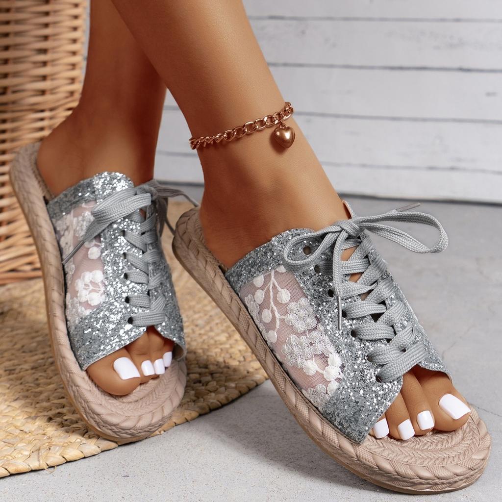 Женские повседневные тапочки на плоской подошве с вышивкой из пайеток и сеткой, универсальные летние пляжные сандалии со шнуровкой