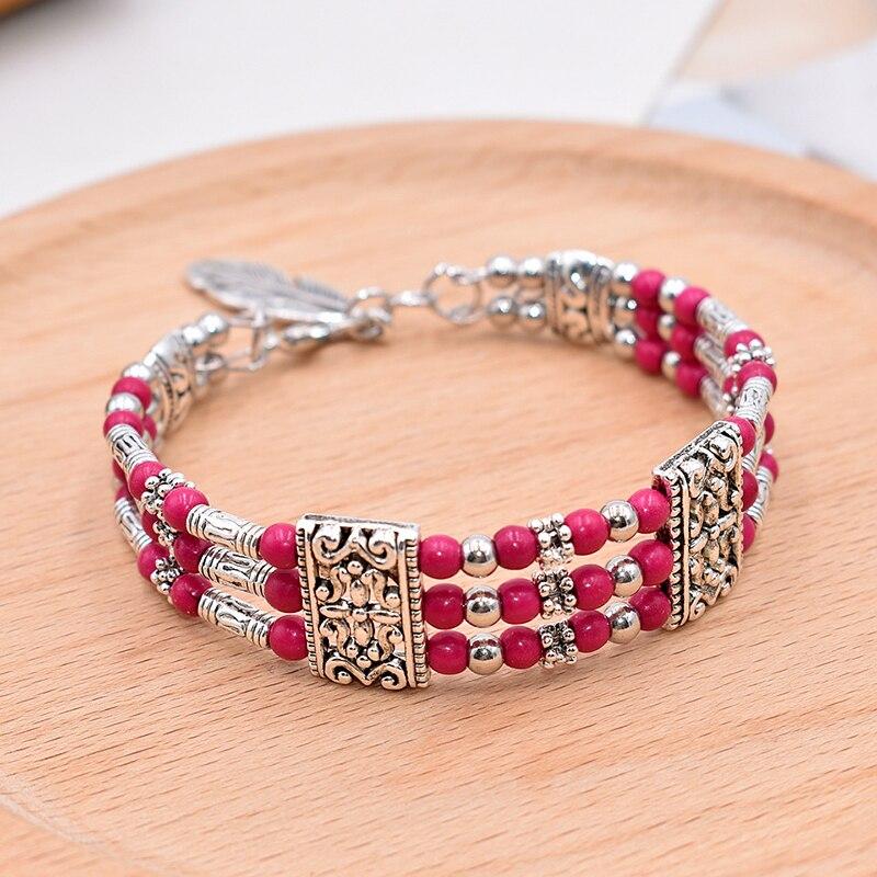 Bohemian Vintage Natural Stone Turquoises Feather Charm Bracelet For Women National Handmade Round Beads Carved Boho Bracelet