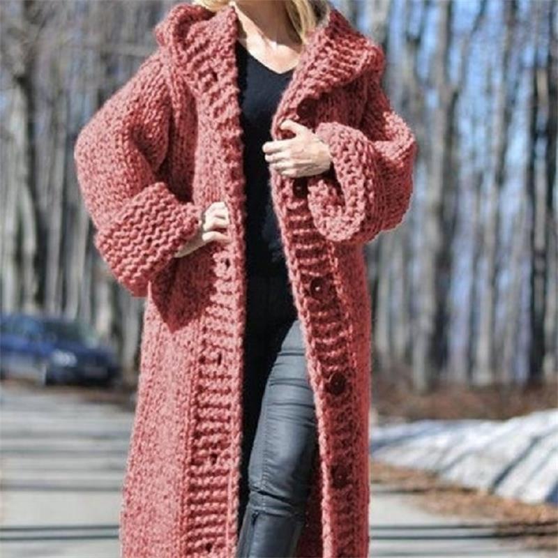 Women Knit Long Sleeve Warm Hooded Thick Cardigan Coat Winter Fashion Plus Size Knitted Sweater Ladies Long Coat Cloak Outwear