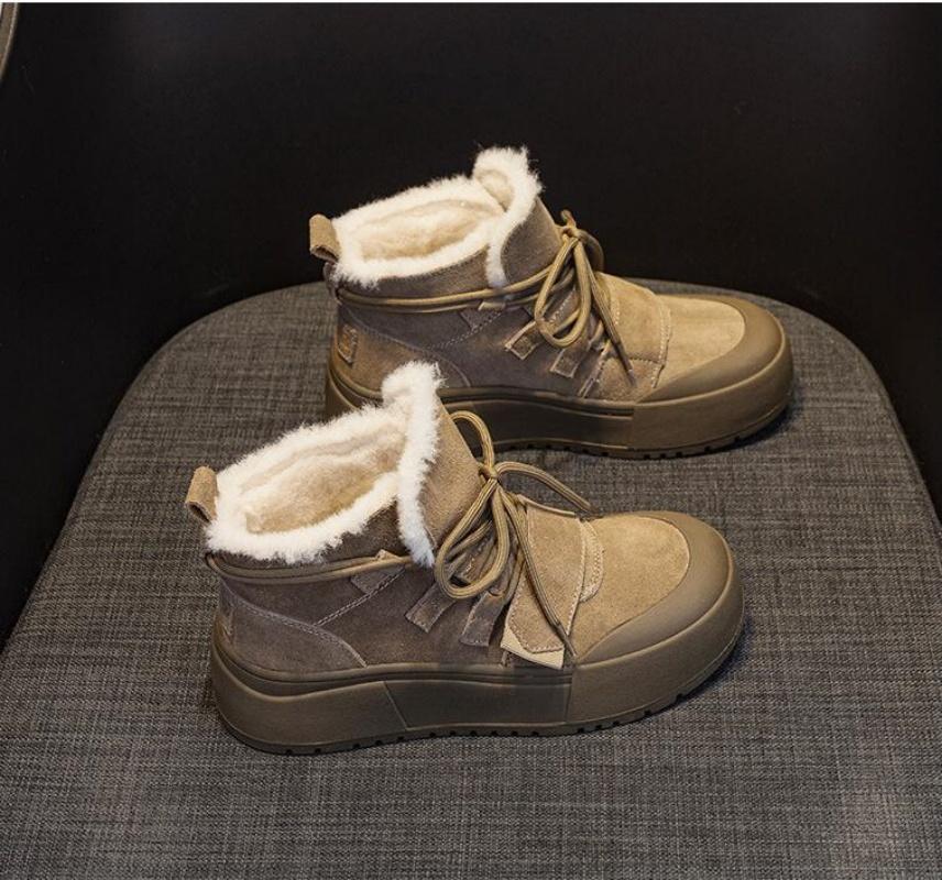 Зимние ботинки из натуральной кожи с высоким верхом на толстой подошве, с меховой и травяной подкладкой, с шерстяным хлопковым утеплителем, женская хлопковая обувь