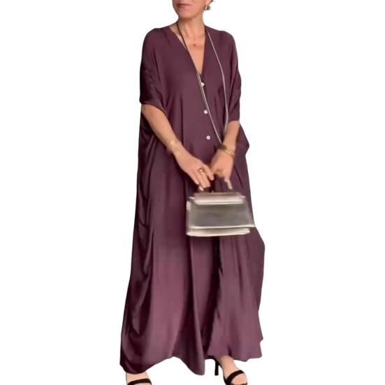 Женское макси-платье с V-образным вырезом, застегивающимся на пуговицы, рукавами «летучая мышь», платье-рубашка, однотонный цвет