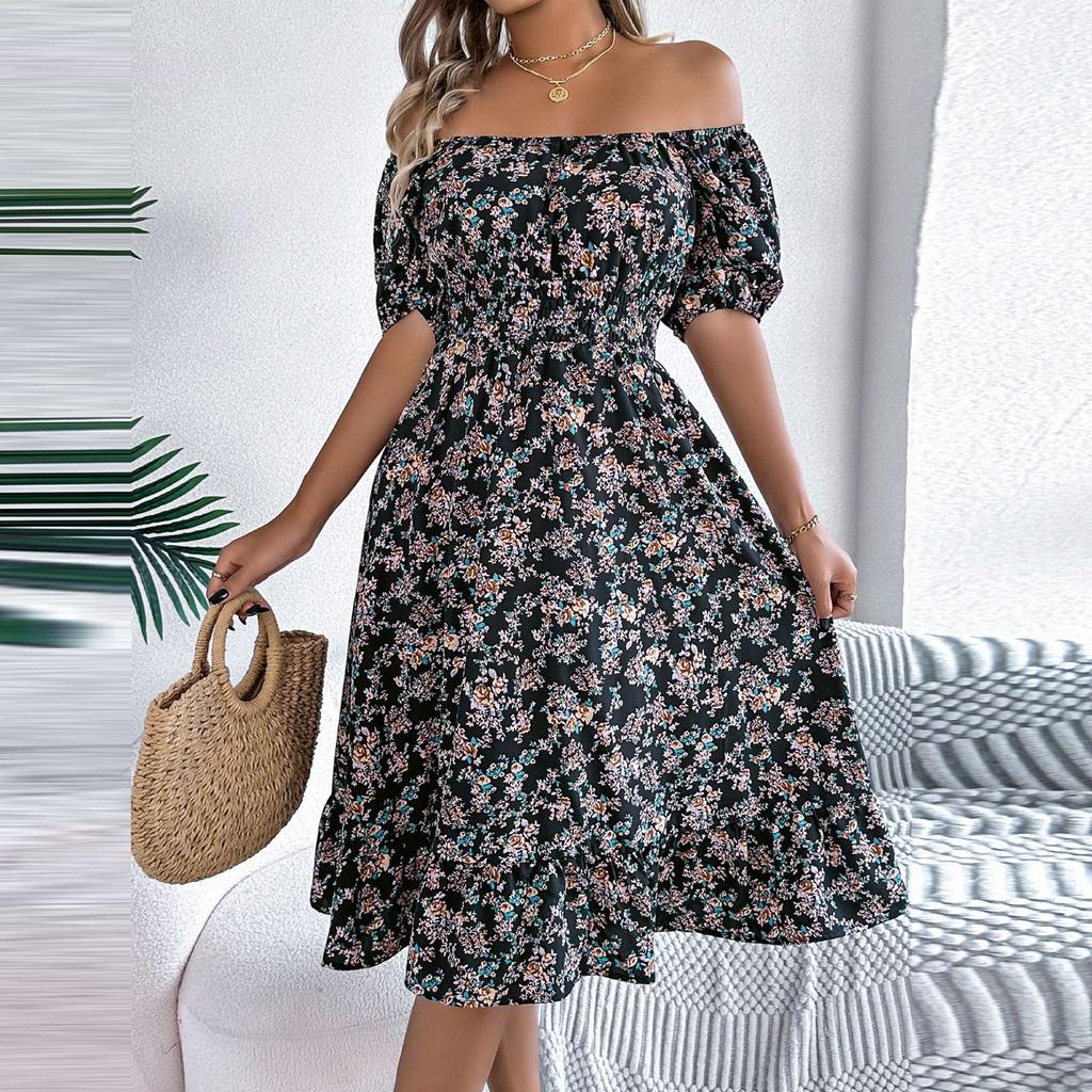 Women's Fashion Floral Print Square Neck Short Sleeve Waisted Ruffled A-Line Skirt
