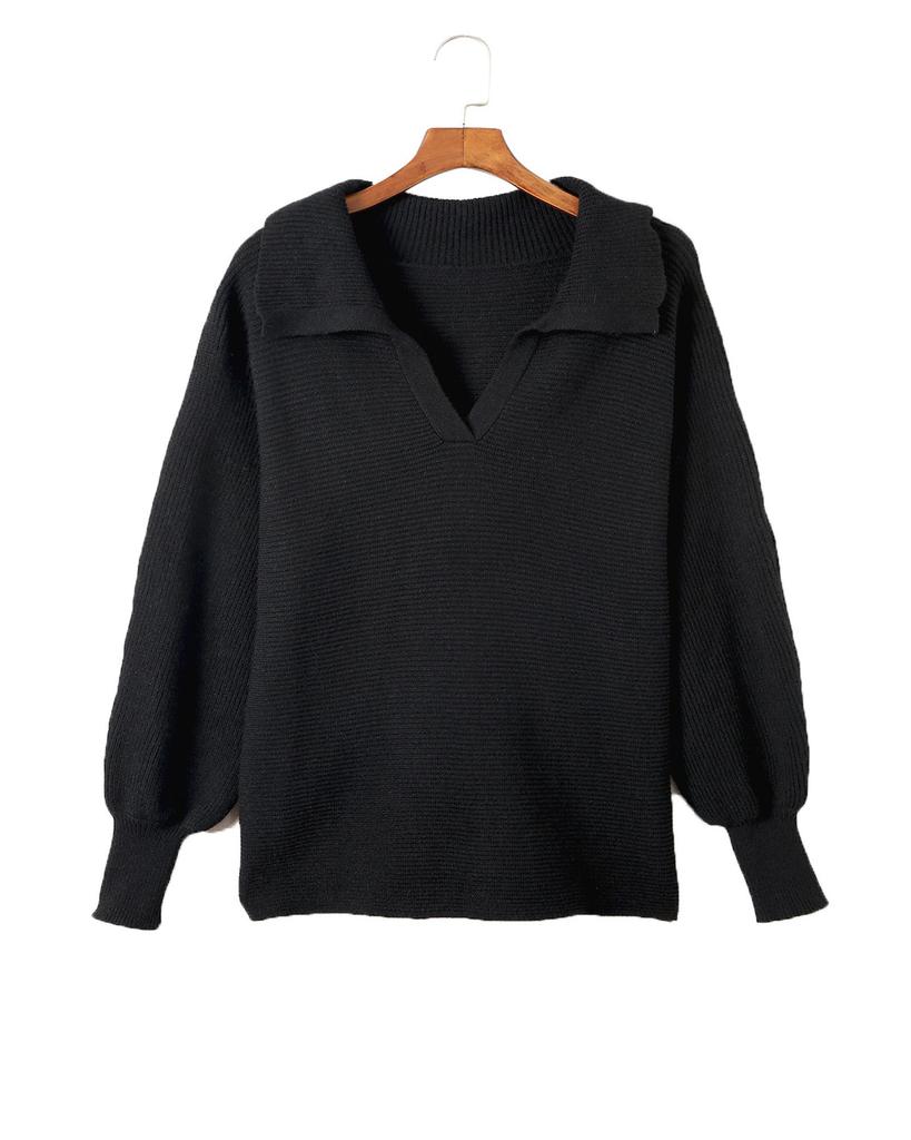 Azura Exchange Black Ribbed Knit Lapel Neck Curvy Sweater