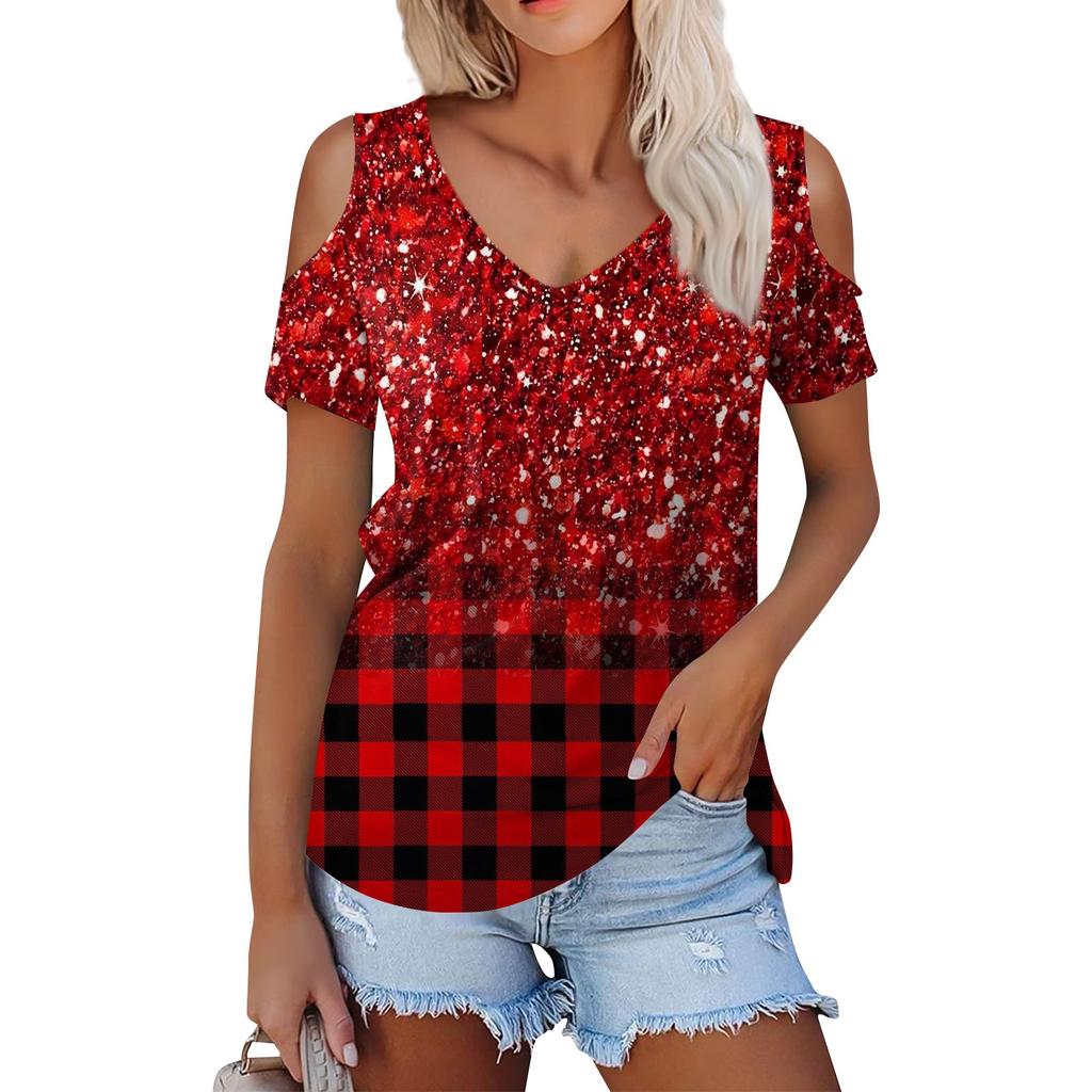 Женская летняя модная повседневная футболка без бретелек с v-образным вырезом и коротким рукавом с принтом, топ