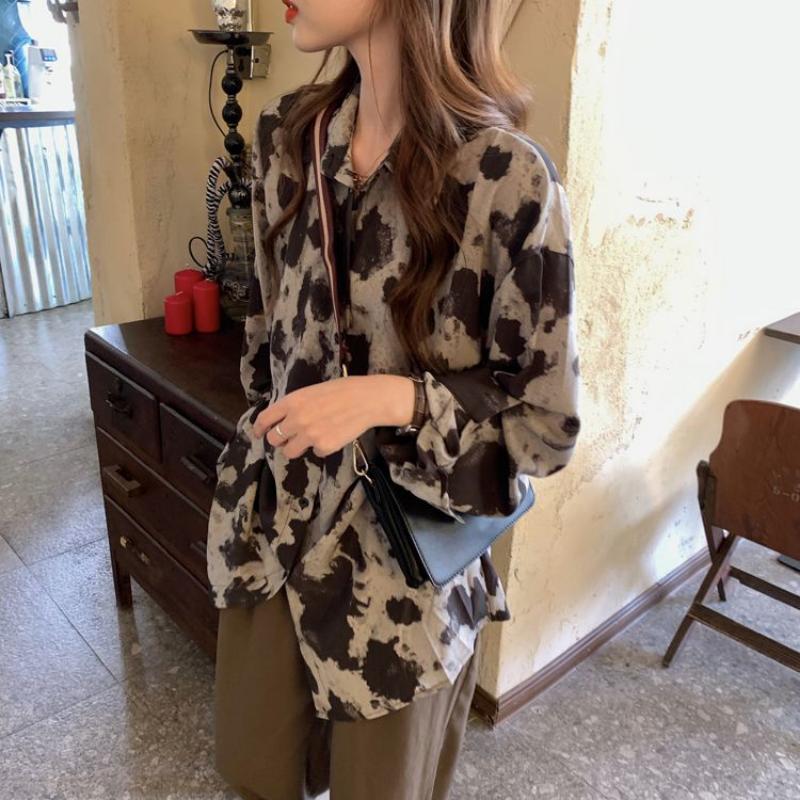 HOUZHOU Tie Dye шифоновые блузки с принтом женские корейские модные повседневные шикарные рубашки с отложным воротником в стиле ретро