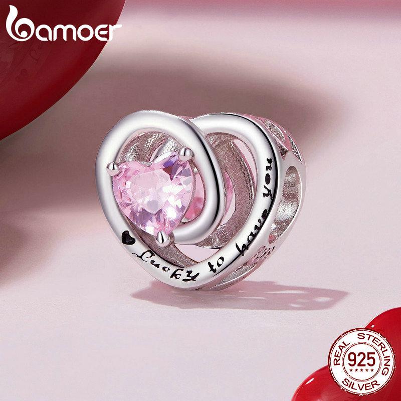 BAMOER стерлингового серебра 925 пробы розовое сердце бусины бабочка подвеска для женщин браслет и ожерелье DIY подарок на День благодарения ювелирные изделия