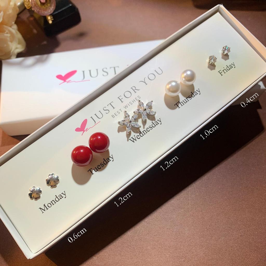 Набор серег-пуссетов в форме сердца с цирконом, цветком и жемчугом для женщин