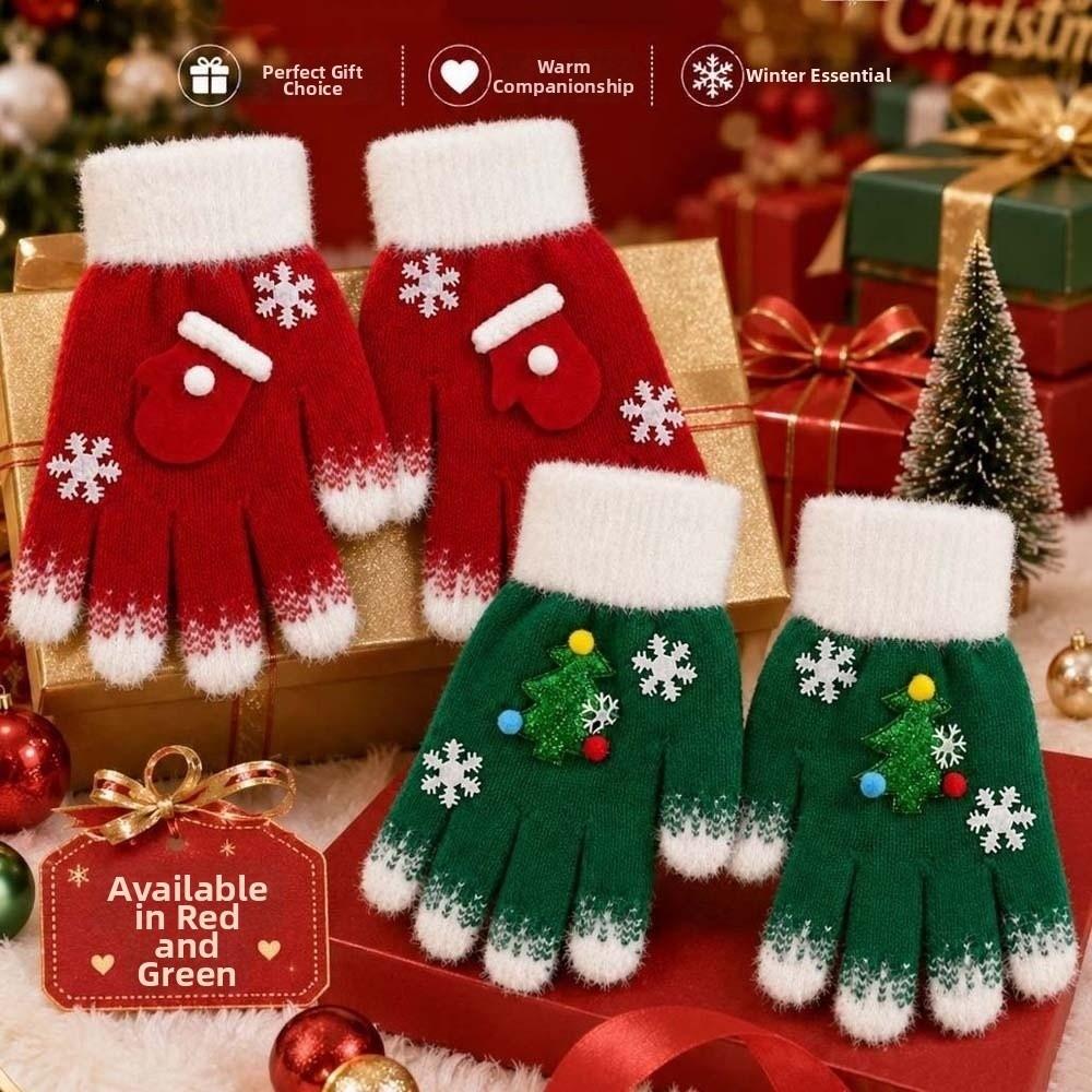 Red Green Winter Knit Mittens Knitted Woolen Full Finger Gloves Christmas Gloves Party Wear