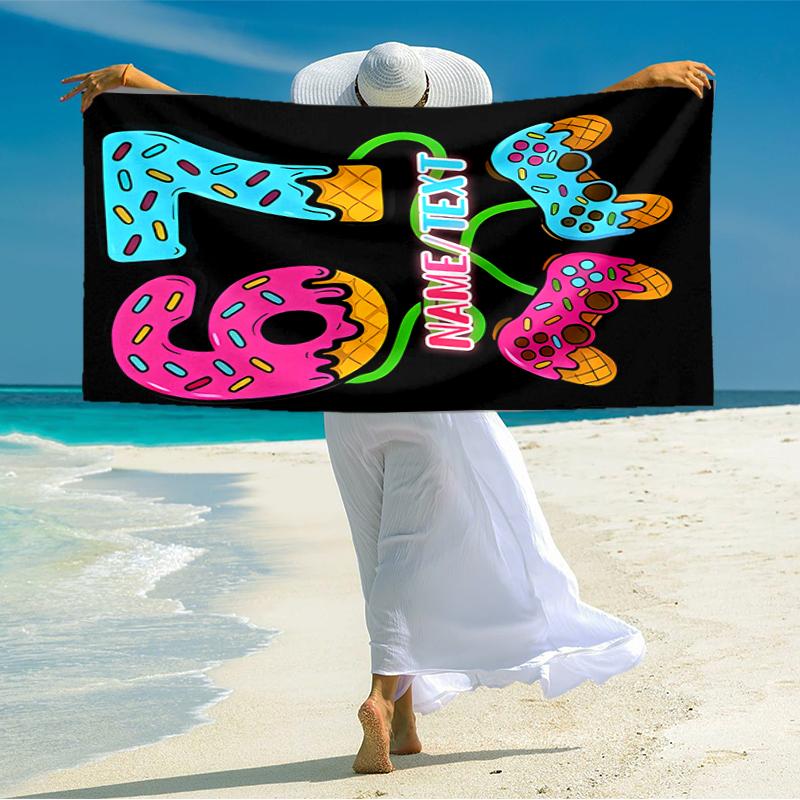1PC Custom Name Donut Game Controller Art Beach Towel Highly Absorbent And Sand-Resistant Towel for Swimming, Pool, Yoga, And Travel Lightweight