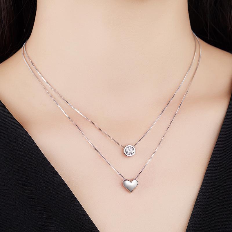 Серебряный кулон-сердце S925, двухслойное ожерелье для женщин - Универсальная цепочка на ключицы, подарок