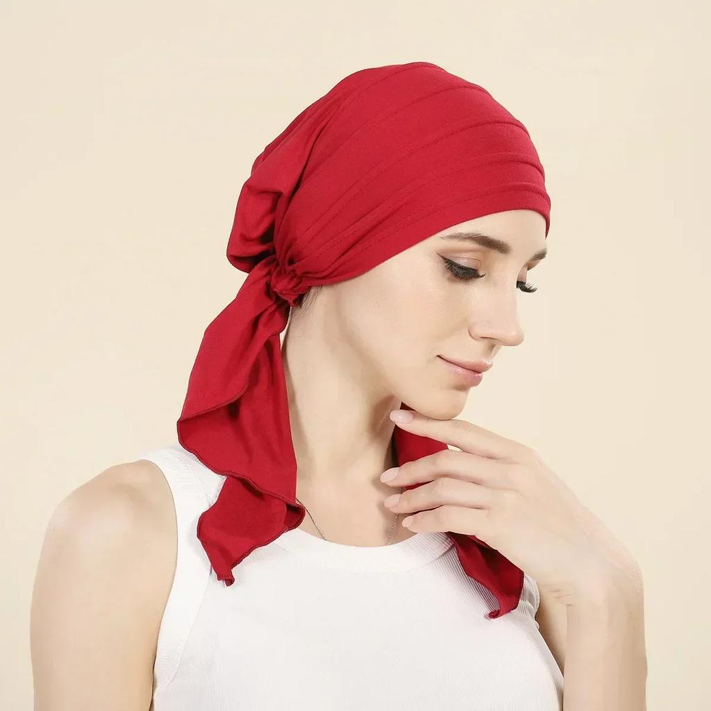 New Shimmer Pre-Tied Hat Women Muslim Hijab Turban Long Tail Headscarf Beanies Bonnet Hair Loss Chemo Cap Head Wrap Bandanas