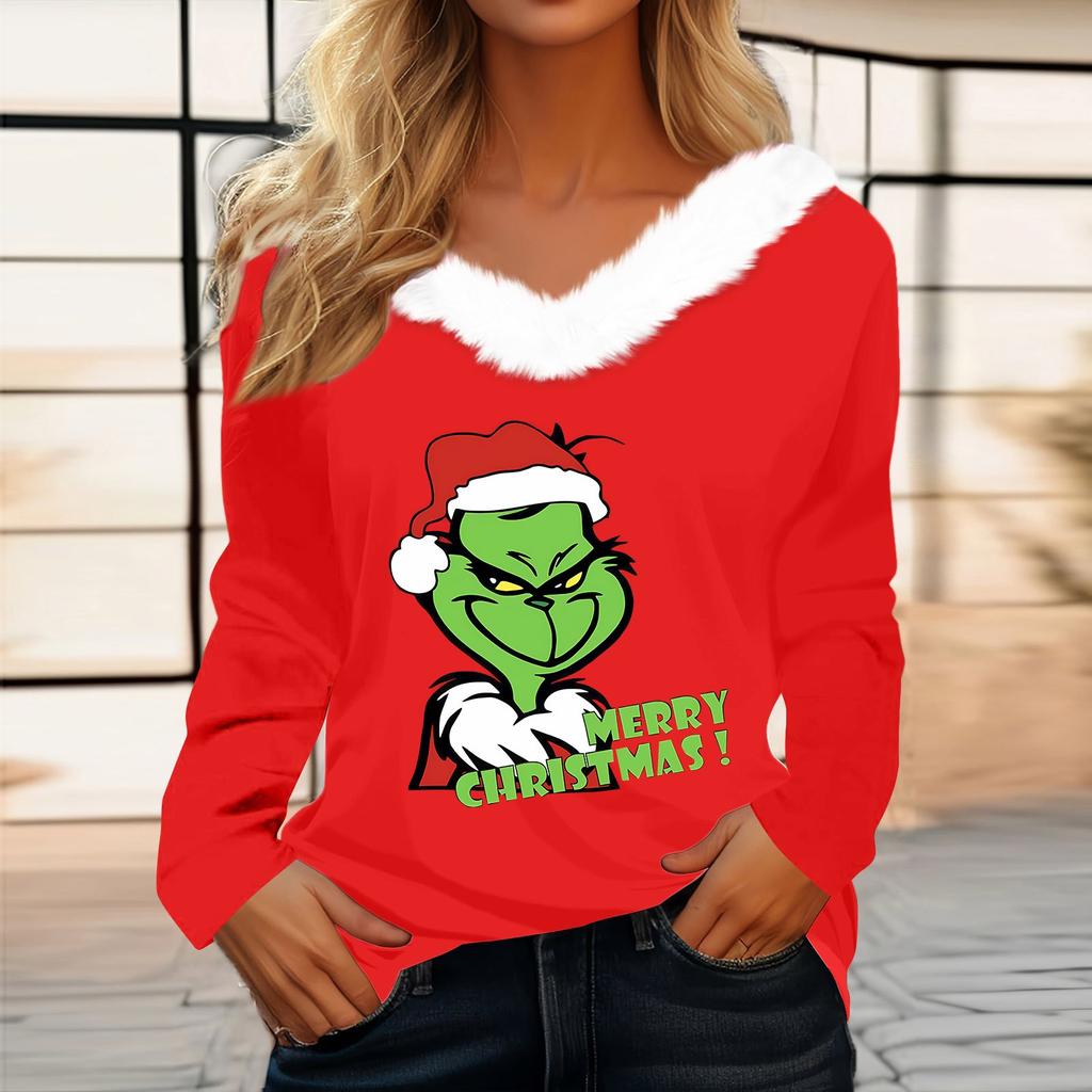 Women's T Shirt Tee Christmas Shirt Long Sleeve Party Christmas Fleece Collar V Neck Top