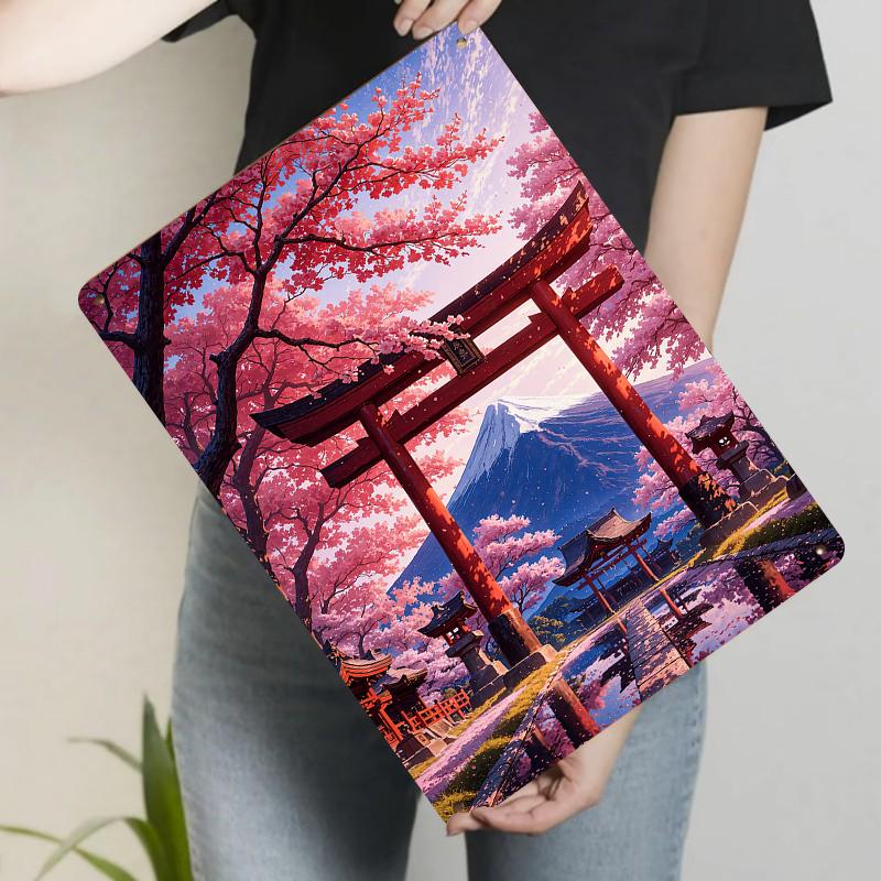 Japanese Fuji Mountain Cherry Blossom Torii Gate Scenery Metal Iron Painting Living Room Wall Art Decor