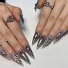 24 Pieces Dark Punk Style Wearing Nail Y2k Snake Pattern Point Diamond Manicure Super Long Pointed Nail Butterfly Pattern Fake Nail Piece