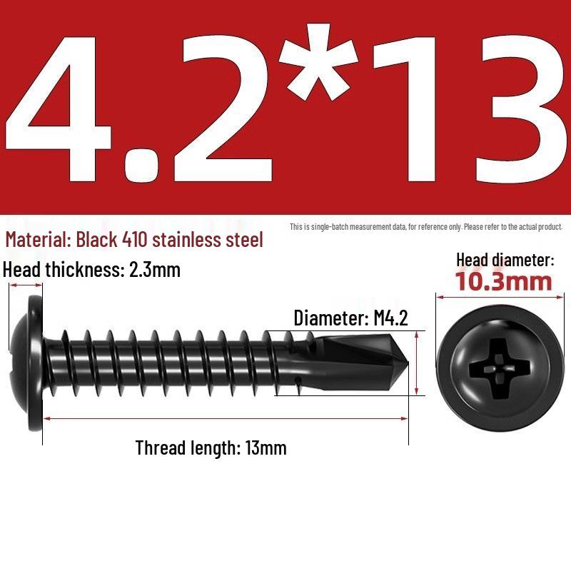 Black Phillips Flat Head Self-Tapping Screws with Washer, 410 Stainless Steel, 4.2M-4.8 Size.