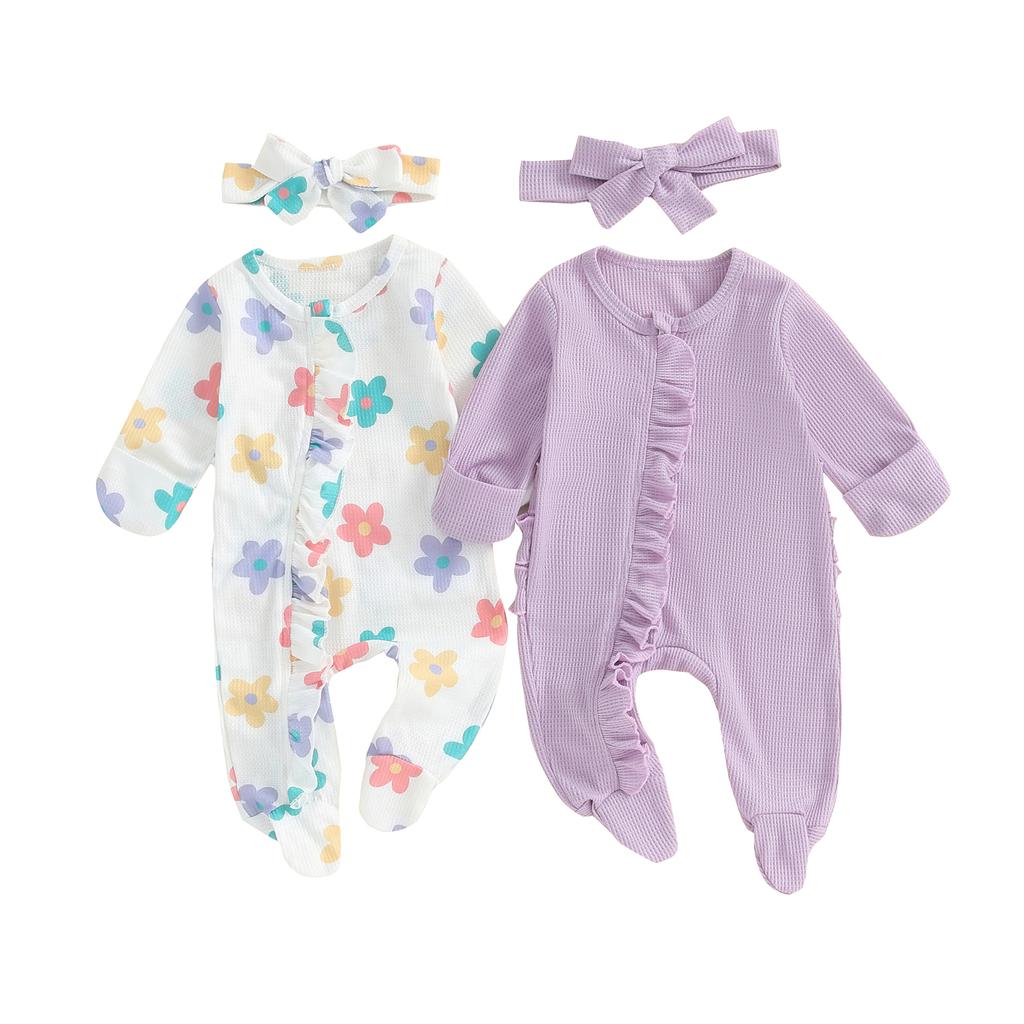 Citgeett Autumn Infant Baby Girls Outfit Long Sleeve Solid Flower Footies Jumpsuit Headband Fall Clothes
